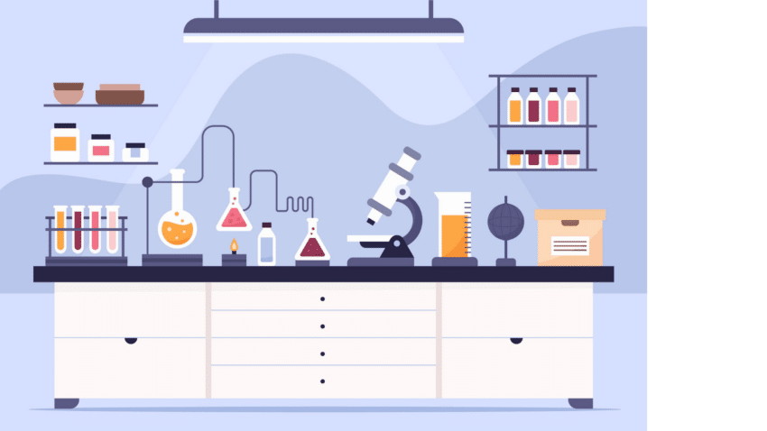 flat illustration of a science lab with beakers and jars for an experiment