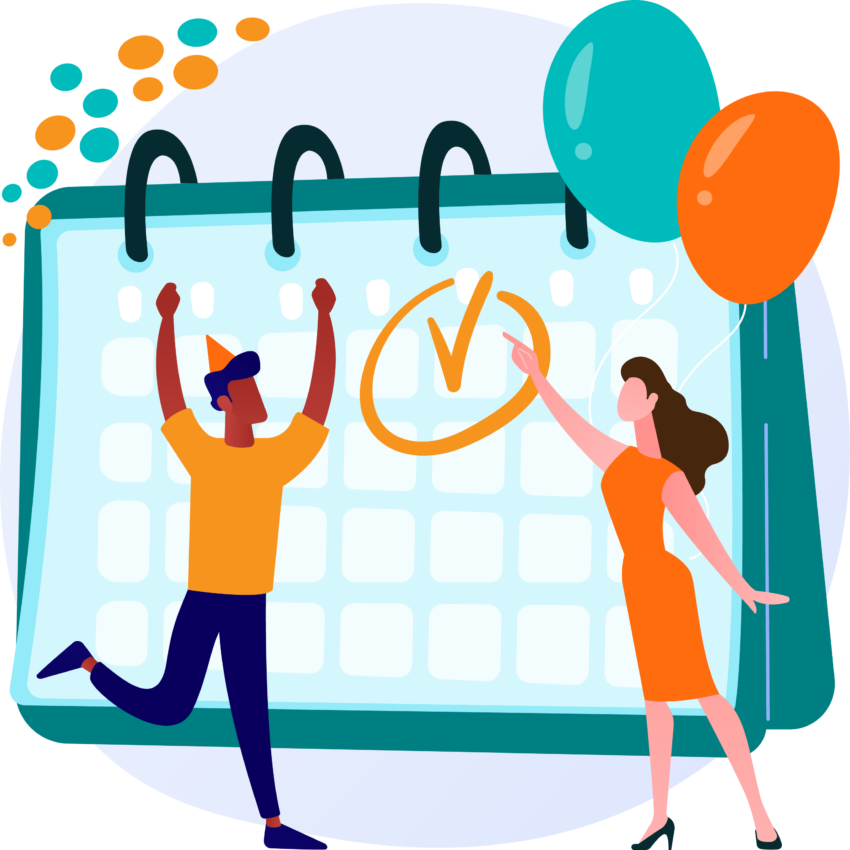 illustration of two people celebrating with a calendar in the background